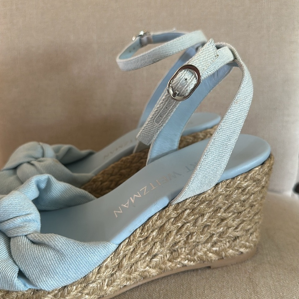 Stuart Weitzman Women’s Playa Espadrille Wedge Bow Sandals Blue Tan Size 8.5 - Picture 3 of 10